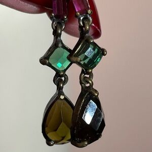 Antique Uranium Glass Art Deco 3 Stone Teardrop Dangle Earrings